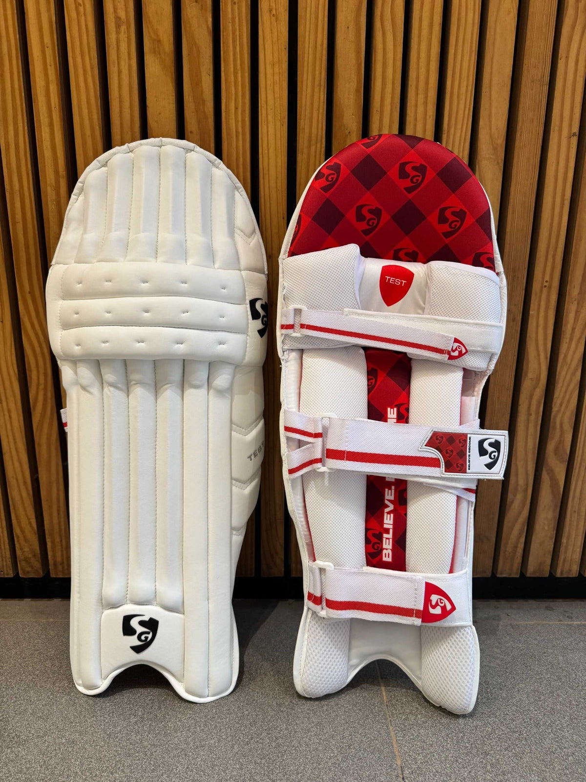 SG Test men's right-hand batting leg guards front and inner view