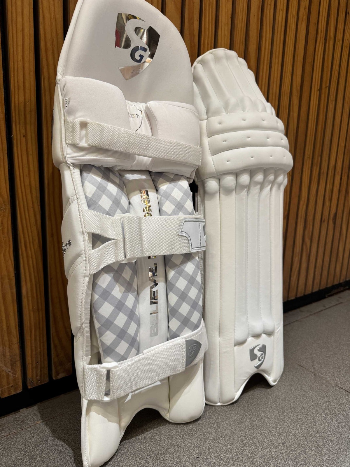 SG Test White RH cricket batting pads rear padding and straps