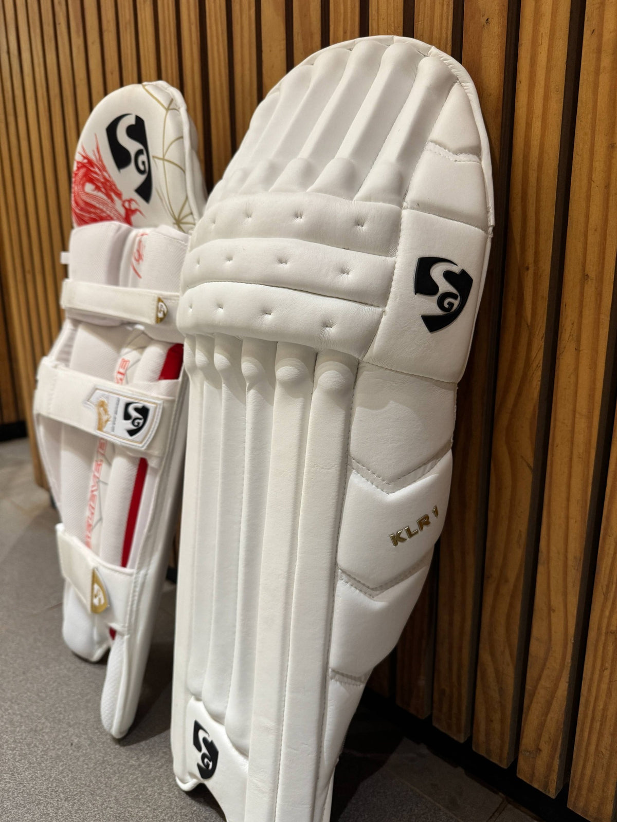 SG KLR-1 men's batting leg guards side protection view